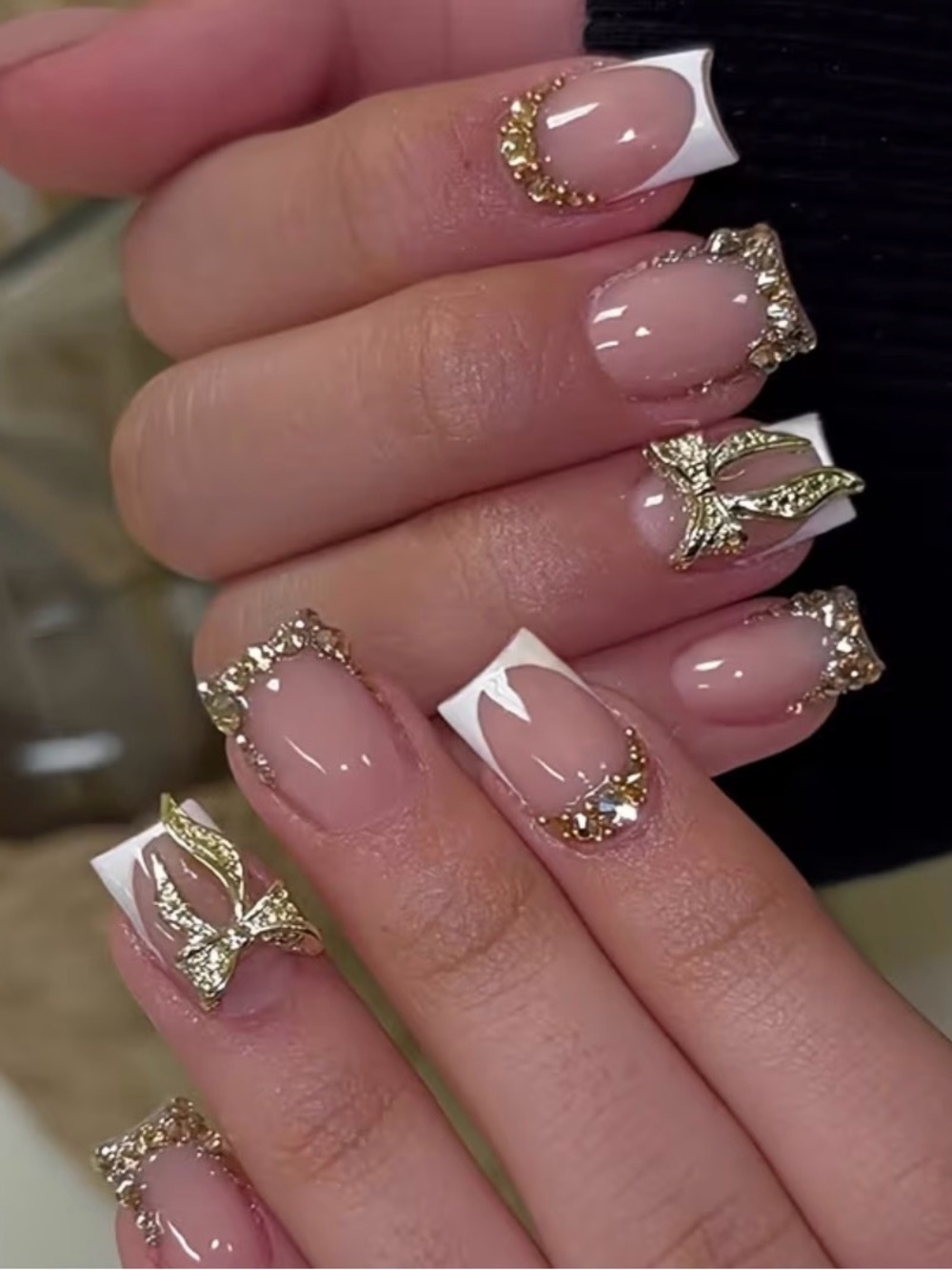 Gold-Accented White French Tip Nail Set - Women Makeup